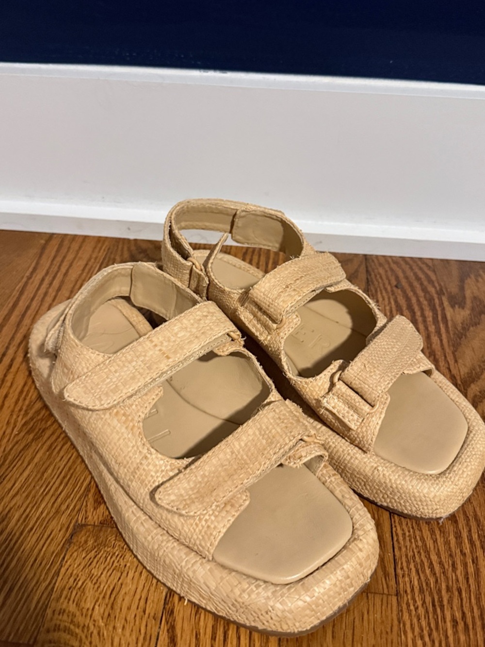 Loeffler Randall Natural Beige Raffia Woven Velcro Sandals, size 8.5